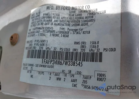 2007 Ford Focus S/Se/Ses z USA, uszkodzony, nr VIN 1FAFP34N67W338545